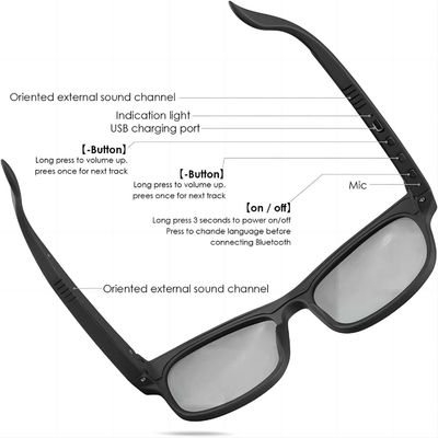 Offene Ohr-Kopfhörer-schwarze Bluetooth-Sonnenbrille-Lautstärkeregler-Anti-UVlinse